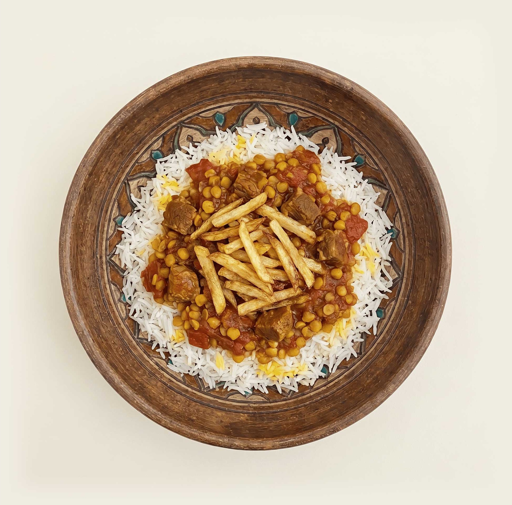 Gheimeh Stew with Crispy Potatoes & Rice